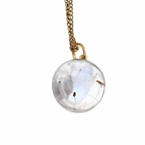 Schmuckstück mit Pusteblume im Inneren und Welpenzahn als Tierandenken