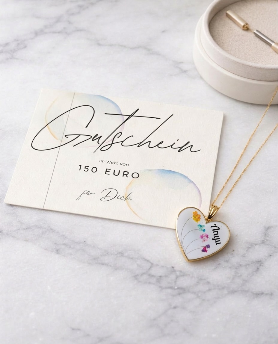 Geschenkgutschein für Erinnerungsschmuck mit Erinnerungskette mit Haarlocke als Andenken an Oma auf Marmorhintergrund handgefertigt in Österreich